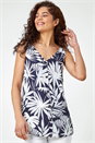 Navy  Sleeveless V-Neck Palm Print Button Cami, Image 2 of 5