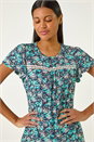Navy  Floral Print Ladder Trim Stretch Top, Image 4 of 5