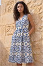Blue Petite Abstract Print Button Dress, Image 1 of 4