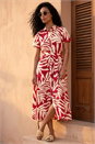 Red Leaf Print Belted Midi Shirt Dress, Image 2 of 4