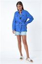 Blue Textured Tie Waist Shirt Jacket, Image 6 of 6