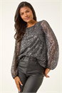Black Sequin Satin Bow Back Top, Image 4 of 5