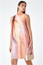 Peach LIMITED Printed High Neck Chiffon Shift Dress, Image 2 of 5