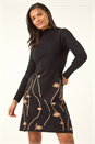 Black Ribbed Knit Floral Stretch Dress, Image 4 of 5