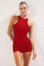 Red High Neck Sleeveless Fitted Swim Playsuit, Image 1 of 3