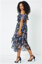 Navy  Petite Cold Shoulder Floral Midi Dress, Image 3 of 5