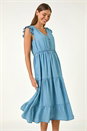 Light Denim Tiered Frill Sleeve Midi Dress , Image 4 of 5