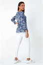 Navy  Leaf Print V-Neck Pintuck Tunic Swing Top, Image 3 of 5