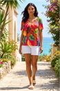 Fuchsia Tropical Print Notch Neck Stretch Top, Image 2 of 4