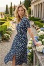 Navy  Ditsy Print V-Neck Midi Dress, Image 1 of 6
