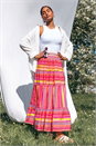 Fushcia Tiered Striped Elastic Waist Maxi Skirt, Image 6 of 7