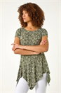 KHAKI Leaf Print Hanky Hem Stretch Top, Image 1 of 5