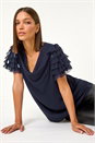 Midnight Blue Cowl Neck Shoulder Sequin Frill Top, Image 1 of 4