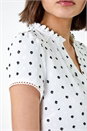 Ivory  Textured Spot Print V-Neck Ruffle Detail Top, Image 5 of 5