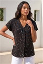 Black Floral Print V-Neck Top, Image 3 of 4