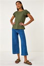 Khaki Textured Frill Sleeve T-Shirt, Image 1 of 5
