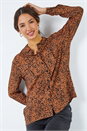 Camel  Leopard Print Pocket Detail Long Sleeve Blouse, Image 2 of 5