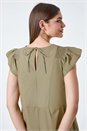 Khaki Plain Cotton Frill Sleeve Pocket Dress, Image 4 of 5