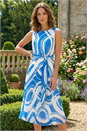 Navy  Petite Abstract Tie Waist Pleated Dress, Image 2 of 4