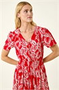 Red Leaf Print Shirred Maxi Dress, Image 4 of 5