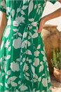 Green Flower Print Pleat Neck Midi Dress, Image 4 of 4