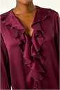 Wine Ruffle Front V-Neck Satin Blouse, Image 5 of 6