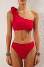 Red One Shoulder Bikini Set with Ruffle Detail and High Waist Bottom, Image 2 of 4