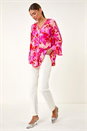 Pink Floral Print Flare Sleeve Blouse, Image 2 of 5