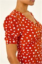 Dark Orange Polka Dot Ruched Sleeve Midi Dress, Image 6 of 6