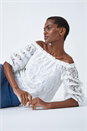 Ivory Paisley Lace Ruched Sleeve Bardot Top, Image 1 of 5