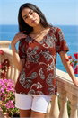 Rust Paisley Puff Print Gathered Stretch Top, Image 1 of 4