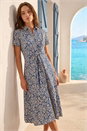 Blue Petite Ditsy Tie Front Midi Dress , Image 1 of 4