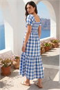 Blue Check Print Shirred Midi Dress, Image 2 of 4
