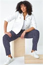Navy Curve Printed Elastic Waist Tapered Trousers, Image 1 of 6