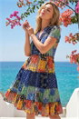 Blue Patchwork Print V-Neck Tiered Dress, Image 2 of 4