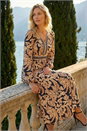 Tan Floral Border Print Midi Dress, Image 1 of 4