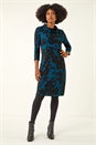 Teal Floral Print Cowl Neck Dress, Image 1 of 5