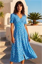 Light Blue Polka Dot Ruched Sleeve Midi Dress, Image 1 of 4