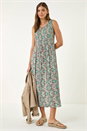 Blue Paisely Print Shirred Midi Dress , Image 2 of 5