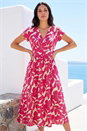 Fuchsia Leaf Print V-Neck Midi Dress , Image 1 of 4