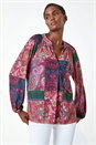 Red Patchwork Print V-Neck Stretch Jersey Shirt, Image 1 of 5