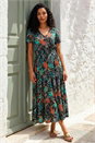 Black Leaf Print V-Neck Tiered Midi Dress , Image 1 of 4