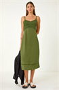 KHAKI Lace Panel Strappy Midi Dress, Image 2 of 5