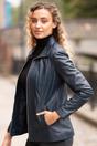 Navy Casual Leather Jacket with Classic Collar, Image 1 of 5