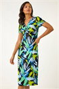 Blue Leaf Print Twist Front Midi Dress, Image 1 of 5