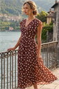 Brown Polka Dot V-Neck Frill Midi Dress, Image 1 of 4