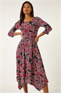 Red Leaf Print Hanky Hem Stretch Midi Dress, Image 2 of 5