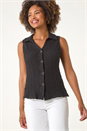 Black Textured Sleeveless Buttoned Blouse, Image 4 of 5