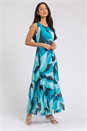 Turquoise Abstract Print Pleated Chiffon Maxi Dress, Image 3 of 5