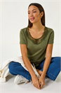 KHAKI Lace Neck Trim Stretch Top, Image 1 of 5